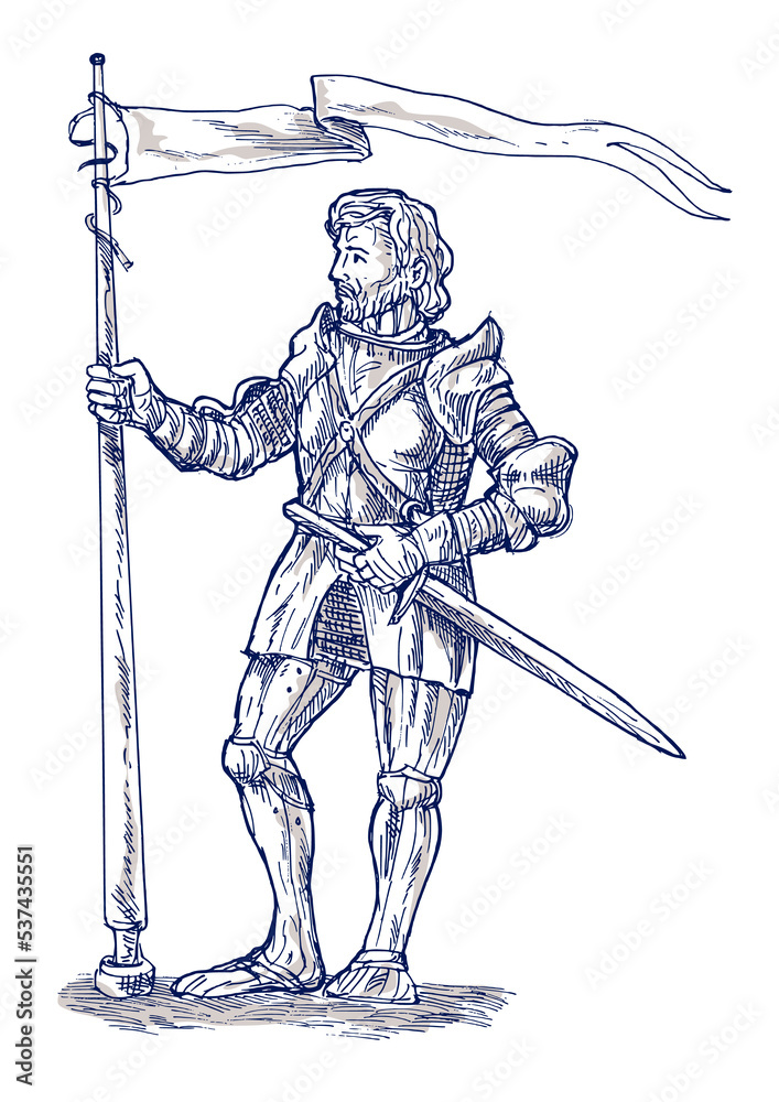 Obraz premium Knight standing with lance and flag