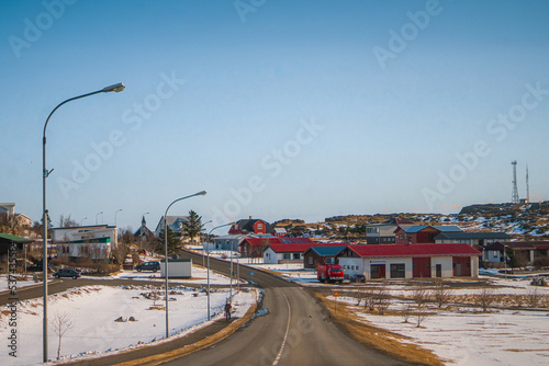 Beautiful view of Djúpivogur Small port towns on the shores of Berufjörður  during winter sunny day at Djúpivogur , Peninsula near Austurland East of Iceland : 19 March 2020 photo