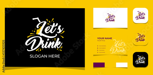 Template Logo Creative Logotype Let's Drink with Illustration splash and in Letter L Have a Glass Shape and straw. Creative Template with color pallet, visual branding, business card and icon.