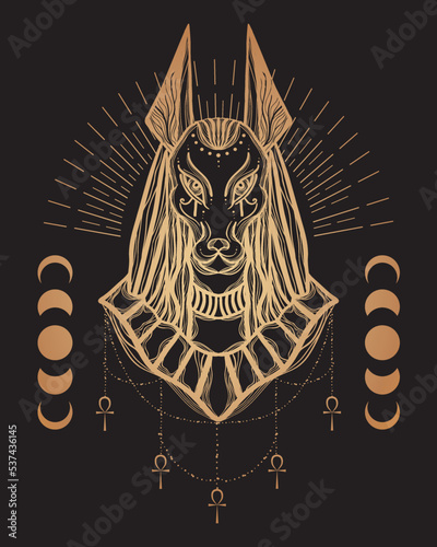 Boho illustration with Anubis head - egyptian God of death and war. Symbol of next world, kingdom of dead