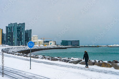 Nice view and buildings next to the Sæbraut road on the shore of Reykajavik during winter cloudy day at Reykjavik , The Capital of Iceland : 21 March 2020