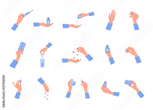 Fototapeta Naklejka Na Ścianę i Meble -  Female hands holding pills. Healthcare concept. Women drinking vegan vitamin capsules for immunity support and healthy lifestyle. Vector illustration in flat cartoon style. Homeopathic pills.