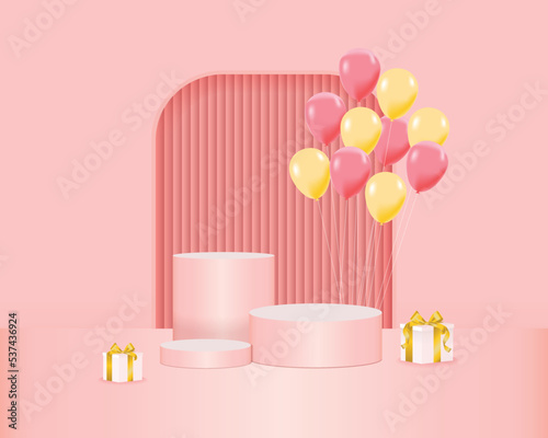 Round realistic stand on pedestal geometric glow. Composition design with gift boxes, and balloons. Minimal pink background 3d vector illustration.