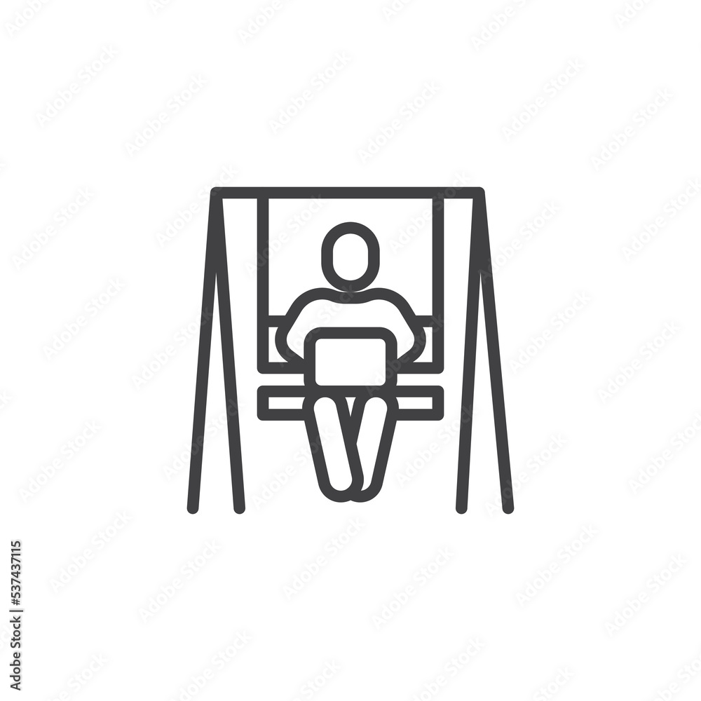 Man sit on a swing with laptop line icon Man sit on a swing with laptop line icon