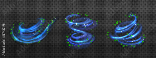 Spiral fresh air swirls with green mint leaves png. Realistic vector illustration set isolated on transparent background. Abstract motion of curled blue vortex. Cool whirlwind bringing refreshment
