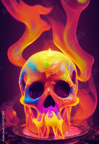 Colourful Día de muertos calavera candle. Colourful Halloween skull candle Illustration dripping and melting into wax puddle. Halloween close-up skull candle studio photography