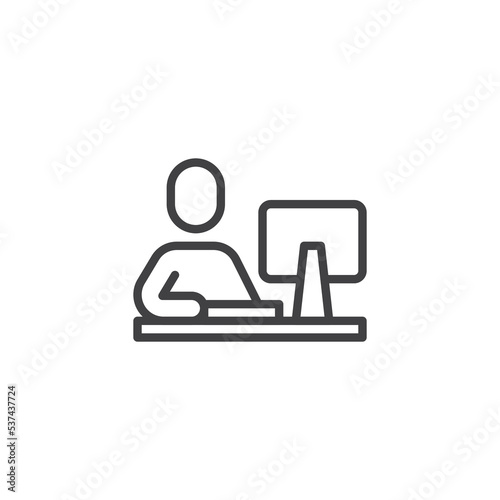 Man using computer at desk line icon