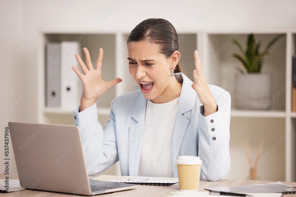Stress, glitch and angry woman on laptop working in office, 404 and bad internet delay. Anger, frustrated and annoyed employee suffering from anxiety and pressure while trying to meet online deadline Stress, glitch and angry woman on laptop working in office, 404 and bad internet delay. Anger, frustrated and annoyed employee suffering from anxiety and pressure while trying to meet online deadline