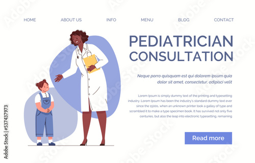 Children's doctor meets little girl at reception. Child at appointment with pediatrician. Characters in colored flat vector illustration isolated on white background. Landing page template.