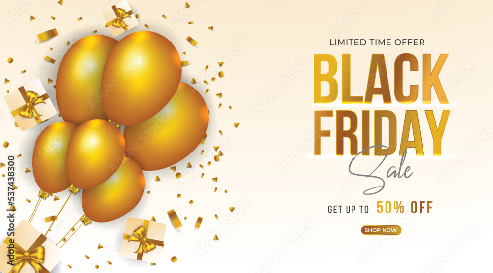 Black Friday sale golden luxury banner design with golden balloons and gift box