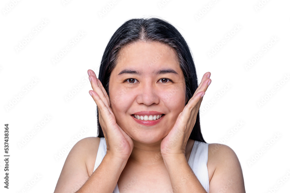 Portrait of gorgeous happy middle aged mature Asian woman, senior older 40s year lady looking at camera touching her face isolated on white background. Ads of lifting anti wrinkle skin care treatment. Portrait of gorgeous happy middle aged mature Asian woman, senior older 40s year lady looking at camera touching her face isolated on white background. Ads of lifting anti wrinkle skin care treatment.