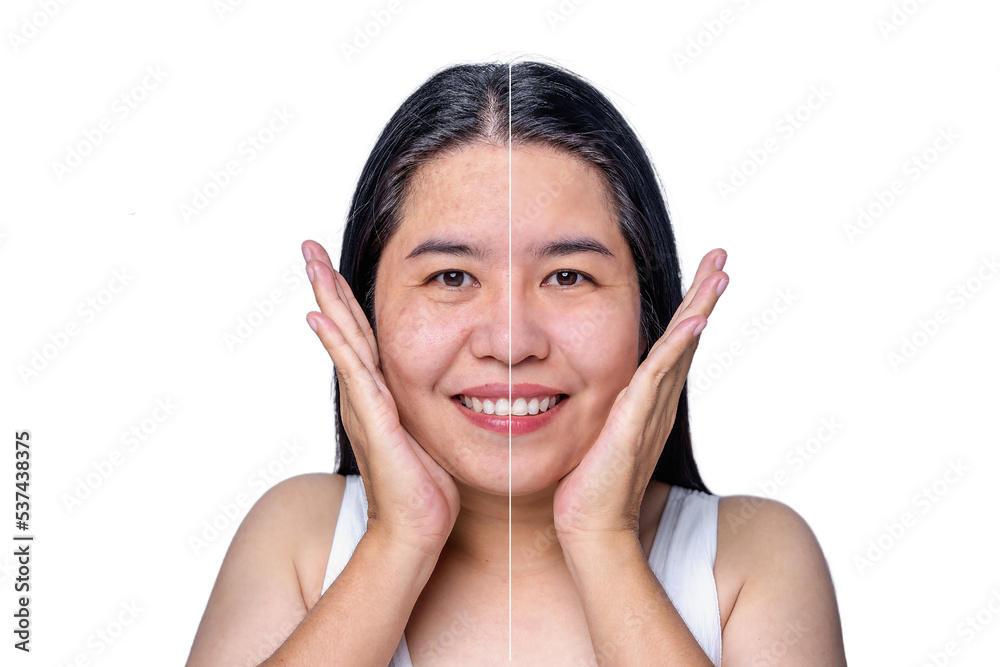 Zdjęcie Stock Middle aged mature woman, older 40s year lady before and