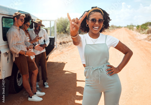 Photography Happy woman portrait hand sign on road trip with friends, adventure with truck in Sydney and travel to rock music festival