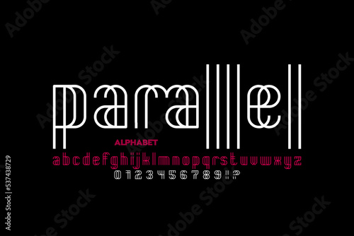 Parallel lines style font, alphabet letters and numbers vector illustration