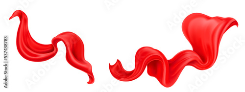 Realistic set of flying red silk cloth isolated on white background. Vector illustration of scarlett fabric sheets flowing texture. Luxury satin textile. Symbol of love, romance. AIDS awareness