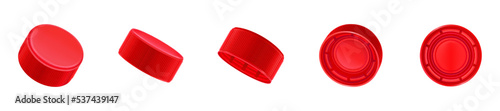 Red plastic cap for bottles with water, soda, beer or juice in different angle of views. Circle screw lid for drink containers isolated on white background, vector realistic set