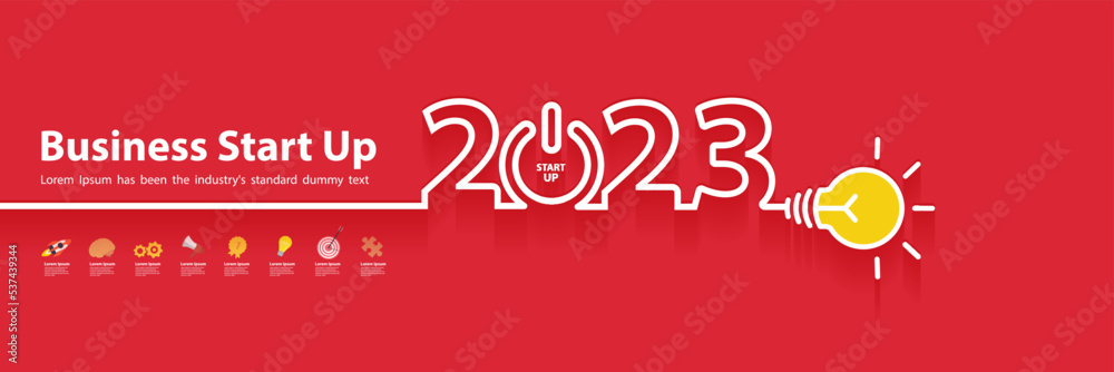 Startup business 2023 new year with creative light bulb ideas concept design, Vector illustration flat modern layout template Startup business 2023 new year with creative light bulb ideas concept design, Vector illustration flat modern layout template