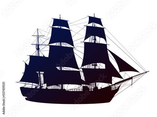 The silhouette of a large sailing ship.
 photo