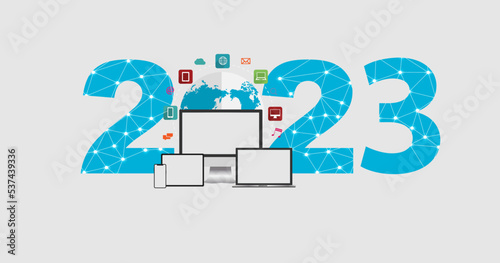 2023 new year Business technology  social network ideas concept with set of monitor, laptop, tablet, smartphone, Vector illustration modern design layout template