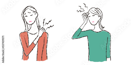 体調不良の女性　天気痛　肩こり　イラスト素材