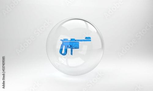 Blue Mauser gun icon isolated on grey background. Mauser C96 is a semi-automatic pistol. Glass circle button. 3D render illustration photo