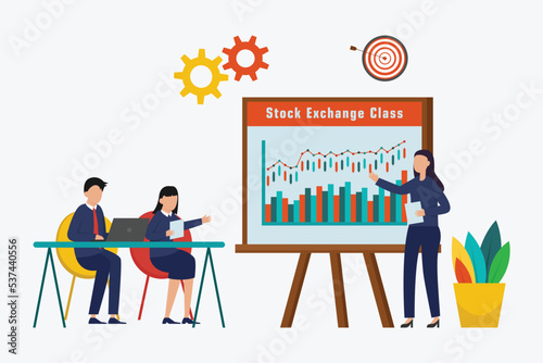 Stock exchange class with businesswoman giving training to traders