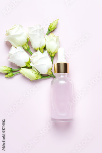 Natural essential oil, serum in a glass drop bottle on a pink background. Alternative medicine, aromatic herbal beauty skin care product. Minimal style, copy space, mockup