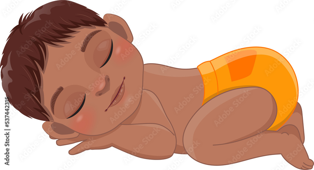 Obraz premium Cartoon character sleeping black baby boy wearing orange ruffled diaper cartoon