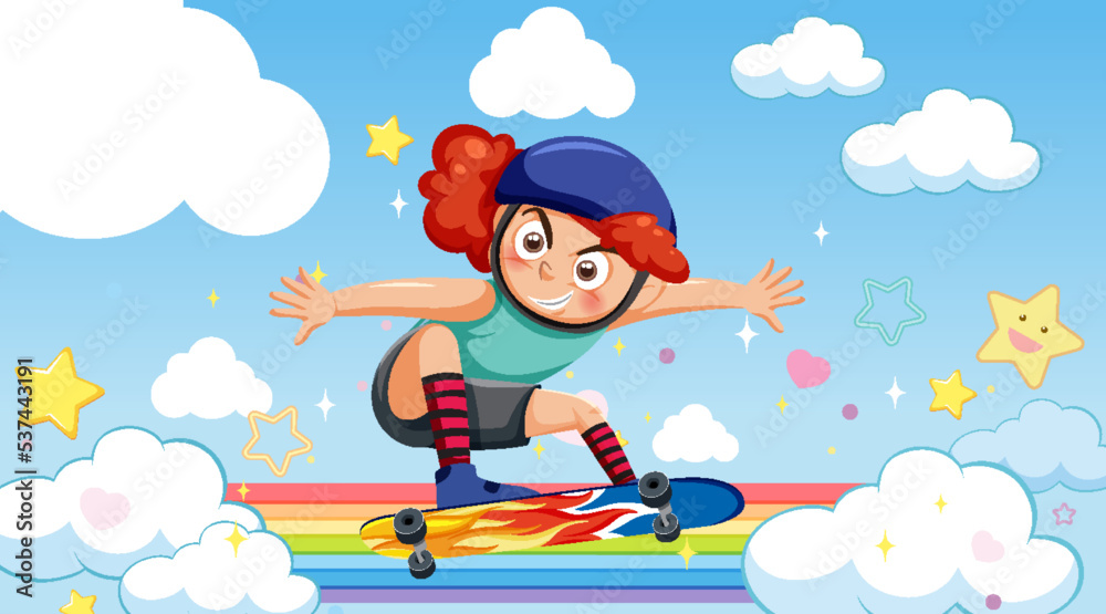 A girl playing skateboard on rainbow in the sky
