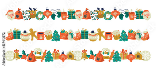 Set of Christmas frames. Christmas border. Ribbon from Christmas elements. Seamless Christmas pattern. Vector image.