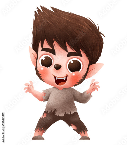 Vector illustration of cute cartoon children. Happy Halloween. Werewolf costume.