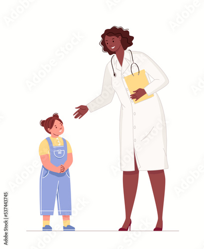 Pediatrician talks to child to relieve stress before examination. Little girl is shy of physician. Friendly doctor to patient. Vector characters flat cartoon illustration. Landing page template.