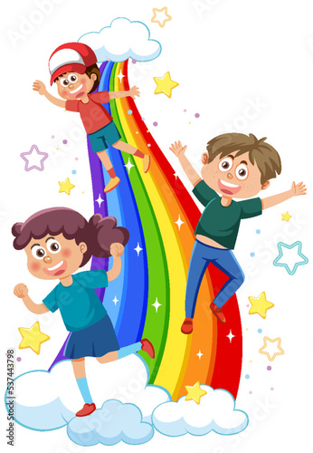 Happy kids on rainbow