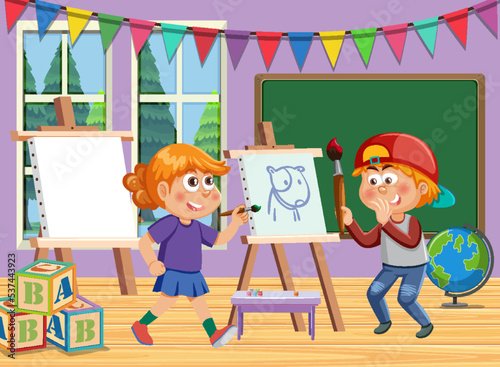Art classroom with happy students