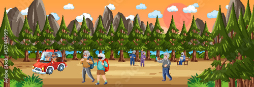 Nature scene with senior people hiking