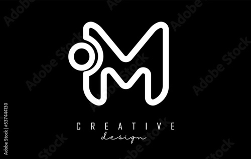 Outline white letter M logo with dot and gradient design. Vector Illustration with geometric design.