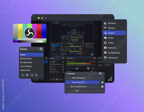 Software for video recording and live streaming with separate windows. Screen capture. Vector illustration.
