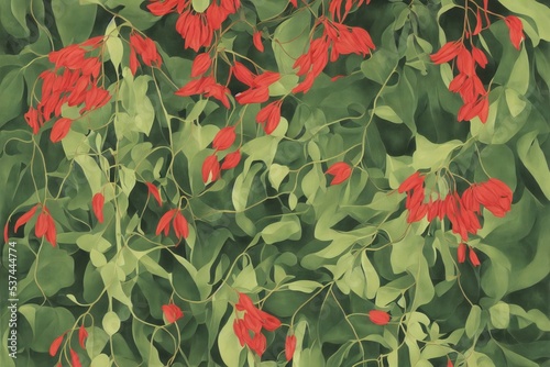 Painting of Red Dicentra Flower with Green Leaves