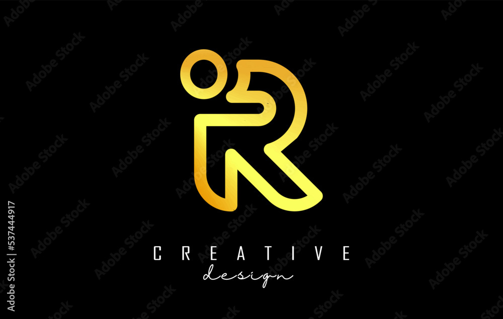 Outline golden letter R logo with dot and gradient design. Vector Illustration with geometric design. Outline golden letter R logo with dot and gradient design. Vector Illustration with geometric design.