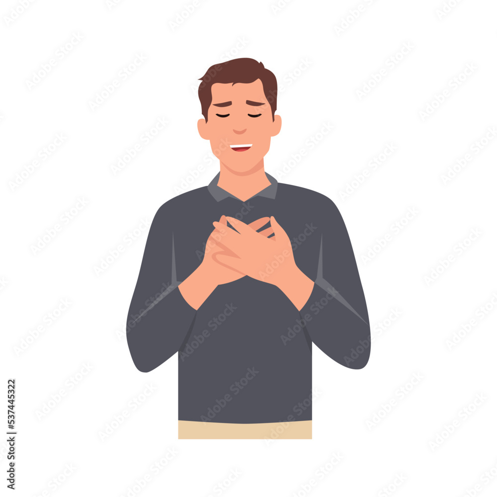 Young man touched positive. Holds his hands on his chest, expressing gratitude. Flat vector illustration isolated on white background Young man touched positive. Holds his hands on his chest, expressing gratitude. Flat vector illustration isolated on white background