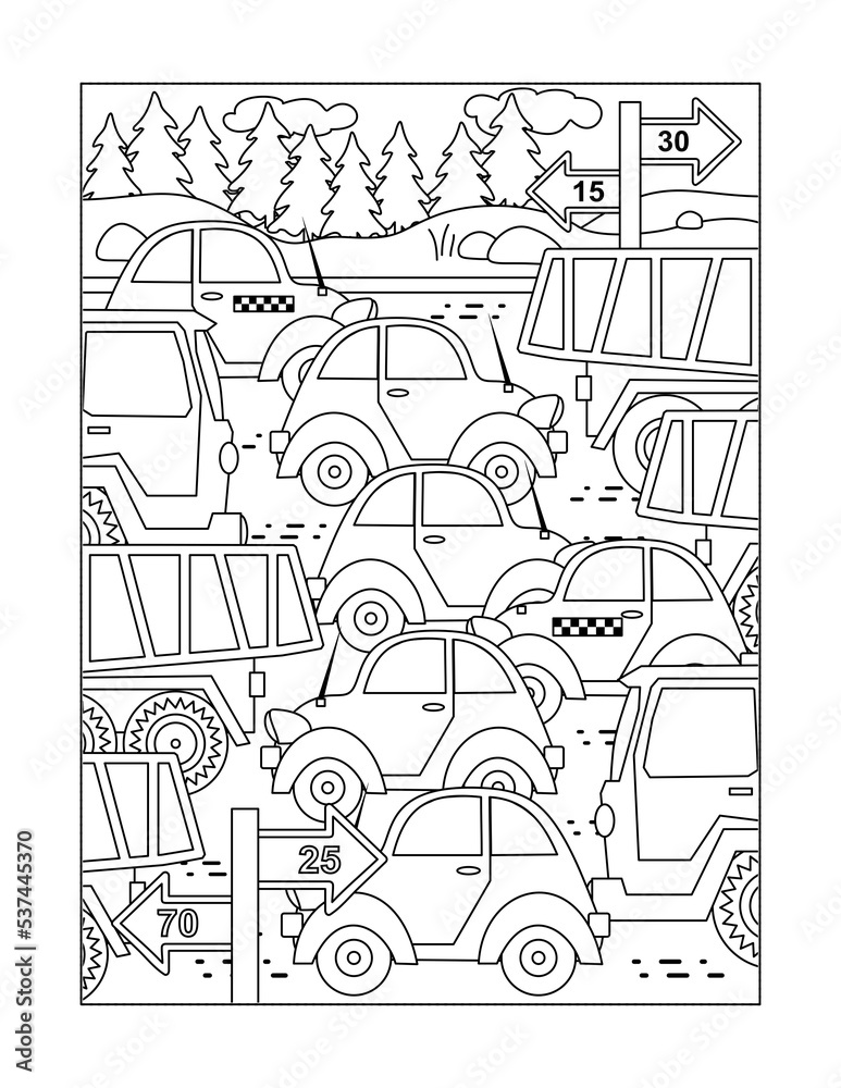 Coloring page with cars, trucks, road signs. High traffic on the road.
