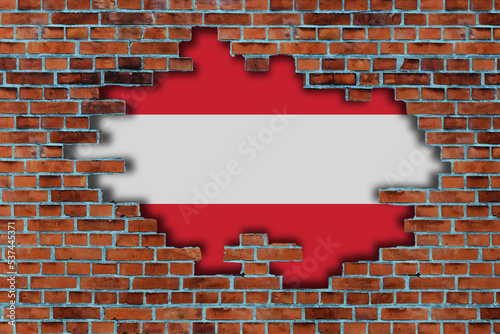 3D Flag of Austria behind the broken old stone wall background.