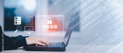 Fotografie Security password login online concept  Hands typing and entering username and p