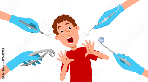 The boy is afraid of the dentist. A frightened patient is a child experiencing a panic attack in the office of a dental clinic. Vector cartoon illustration in a flat style.