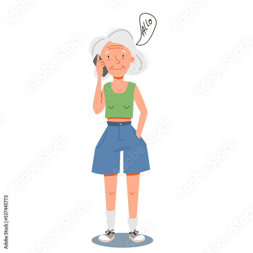 An elderly woman is talking on a smartphone. Flat vector illustration in cartoon style.