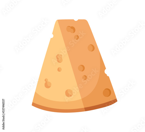 Cheese with holes, cut triangle piece of holland dairy snack. Swiss porous food. Fresh maasdam. Flat vector illustration isolated on white background