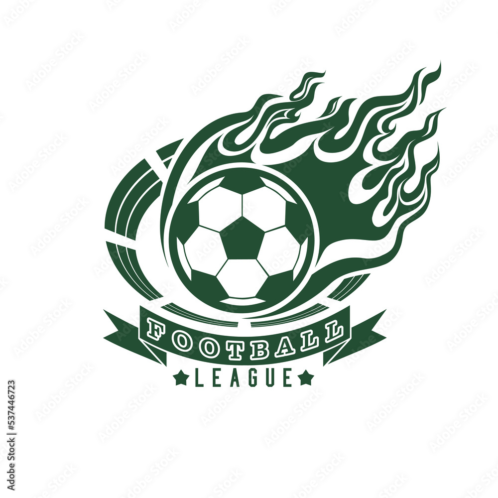 Obraz premium Football emblem with ball on fire, flame and sports arena, isolated monochrome picture. Vector illustration