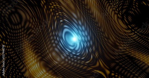 3d render with dark yellow floating lines and a blue glow in the center