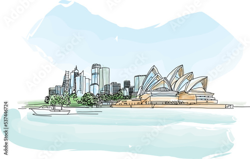 Skyline Sydney, Australia. Circular Quay i Opera House. Vector illustration for travel magazine, poster, calendar, social media © Aleksandra