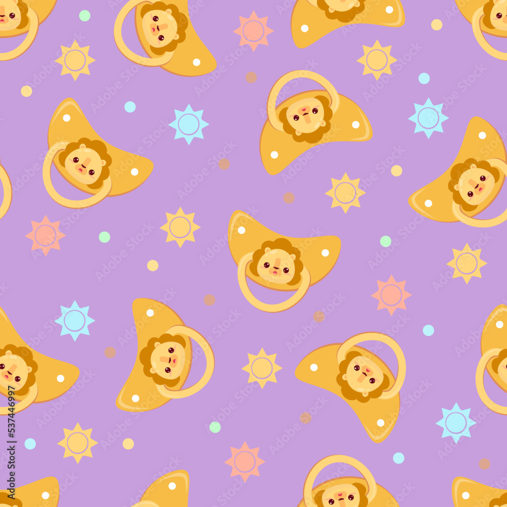 Seamless children's pattern on a purple background. A dummy with a lion. Pacifier for children